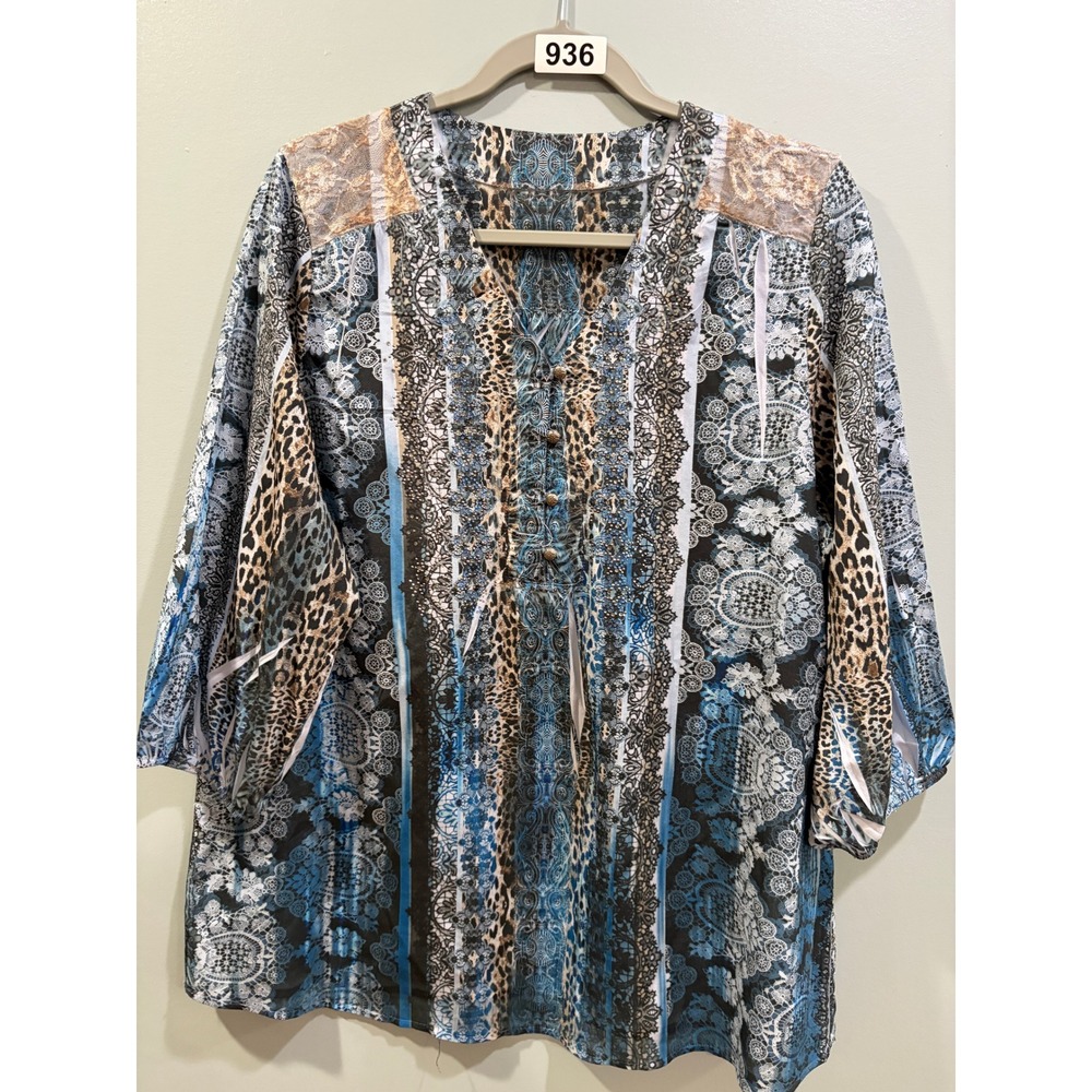 Womens Mixed Print Lace Accent Blouse Blue Leopard Paisley 3/4 Sleeve Top